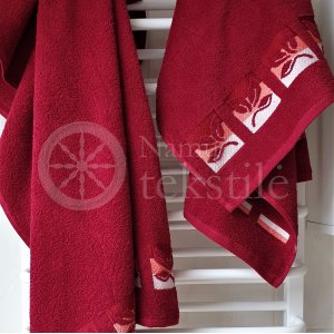 Cotton terry bath towel with leaves "BURGUNDY"